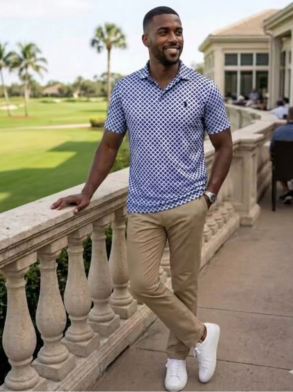 Polo Ralph Lauren Performance Golf Polo Shirt XL Blue White Geometric Foulard
